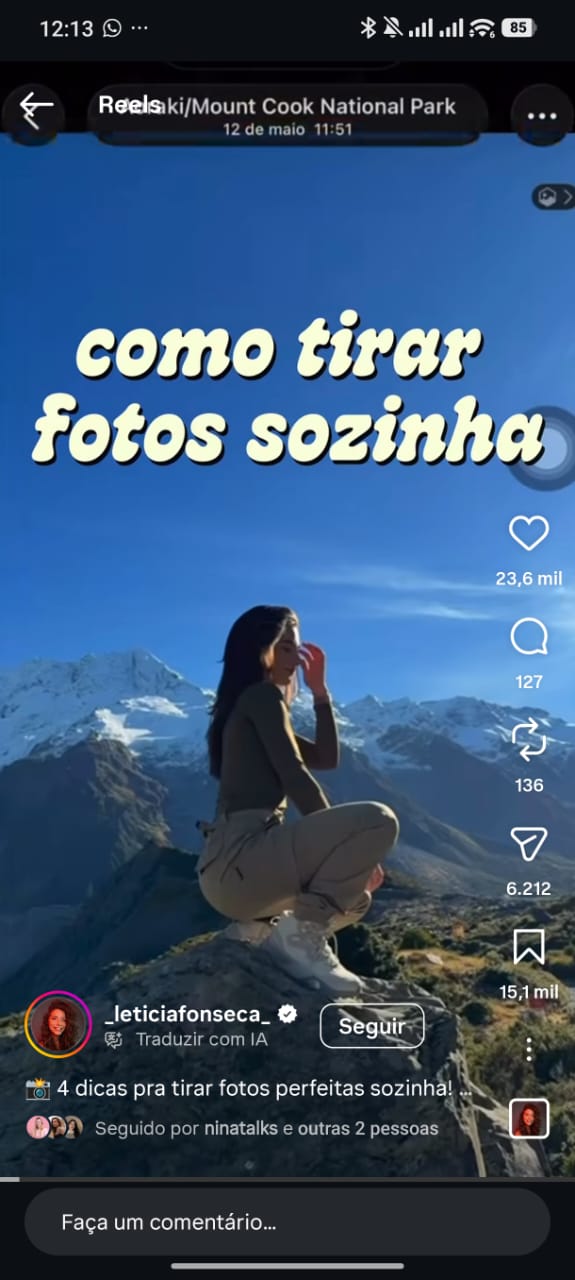 Reel com curtidas, comentários, compartilhamentos, envios e salvamentos visíveis